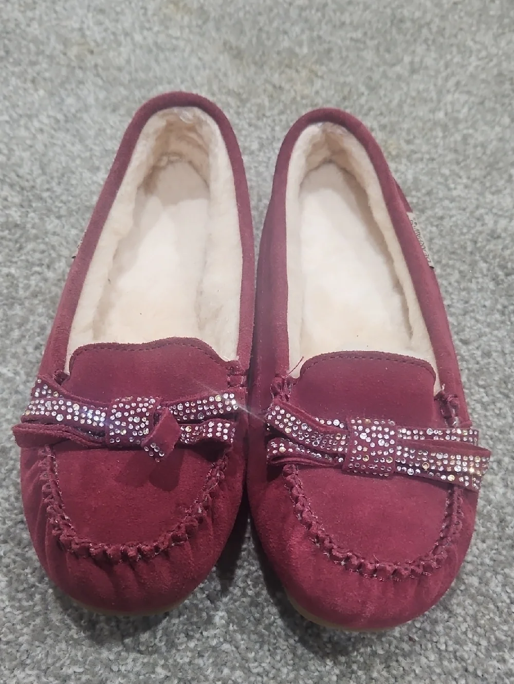 Bear Paw Rhinestone Bow Sheepskin Moccassin Slippers